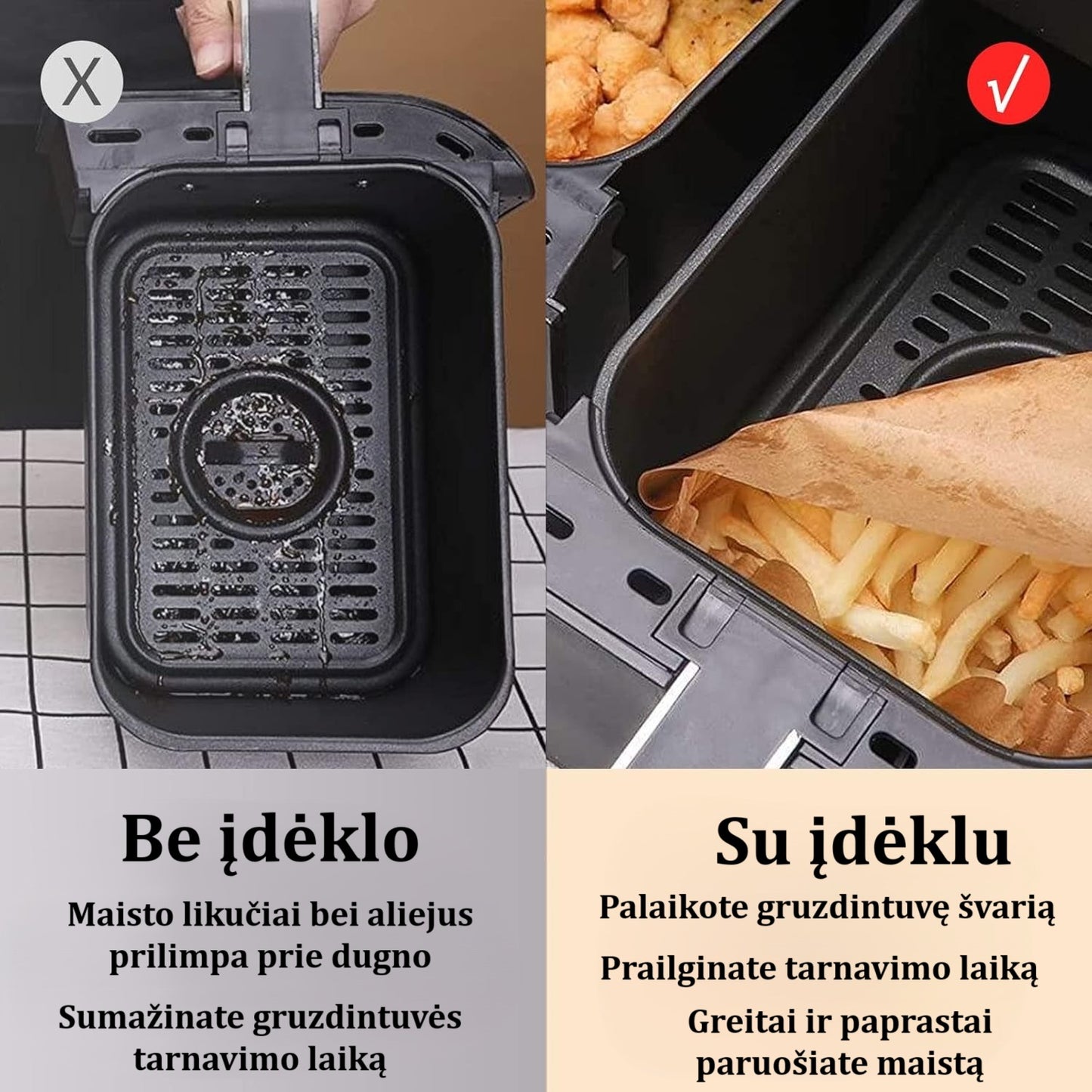 Stačiakampio formos oro gruzdintuvės vienkartiniai įdėklai