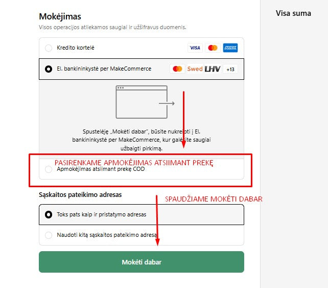 5 žingsnis – Pasirenkame apmokėjima atsiimant prekes (COD).